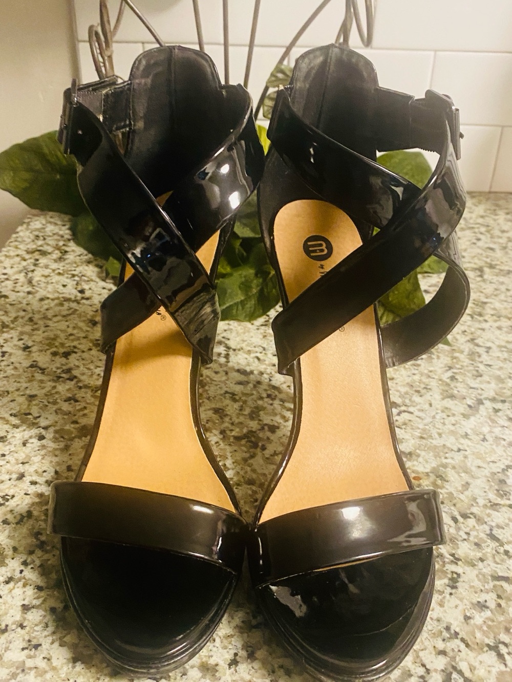 Michael Antonio Black Patent Crisscross Ankle Strap Heels